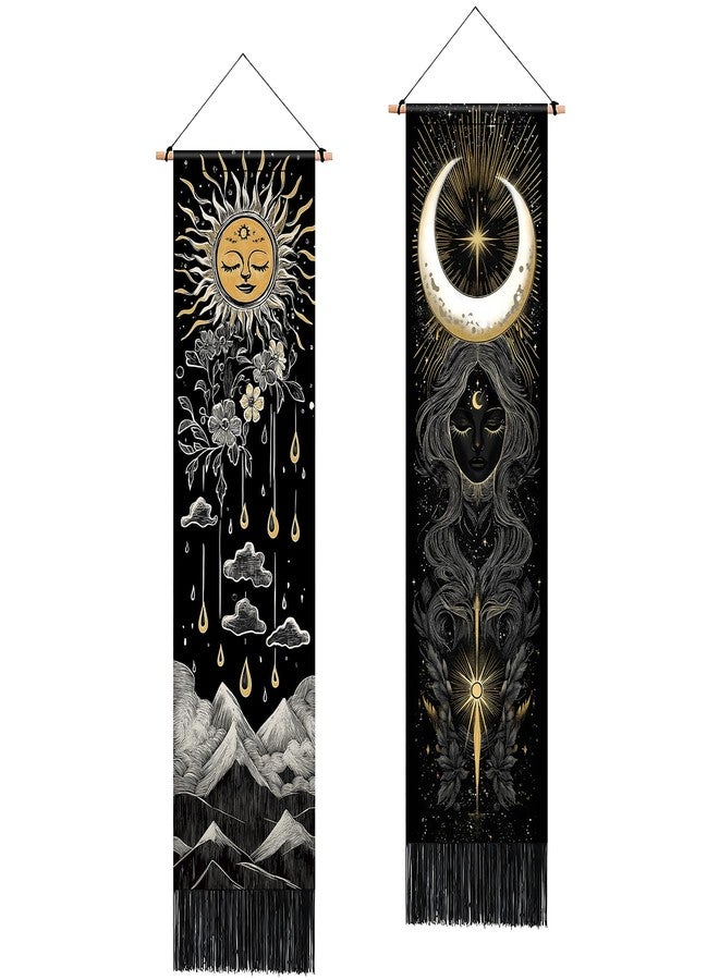 BVBOX 2 PCS Vertical Tapestry 13"x51", Boho Celestial Sun, Moon & Mountain Mystical Art with Gold Accents Aesthetic Long Vertical Wall Hanging Black Tassel Tapestries Home Decor for Living Room, Bedroom - Image 1